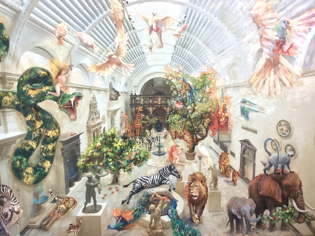 Nicole Etienne, Delights at the Victora Albert Museum, 2015, oil paint, swarovsky crystal, 23 carat gold leaf on glitter canvas