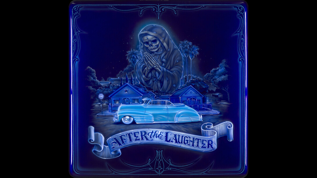 Mister Cartoon, After The Laughter, 2023, kandy base coat urethane enamel on metal canvas, 48x48 inches. Courtesy of Beyond The Streets and Control Gallery