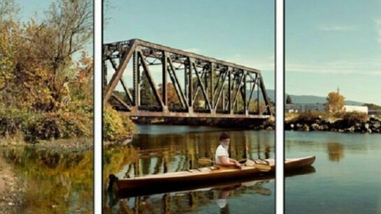 Rodney Graham, Paddler, Mouth of the Seymour, 2012-2013, Three painted aluminum lightboxes with transmounted chromogenic transparencies 119 5/8 x 71 5/8 inches each panel, 119 5/8 x 216 5/8 inches overall, edition of 4