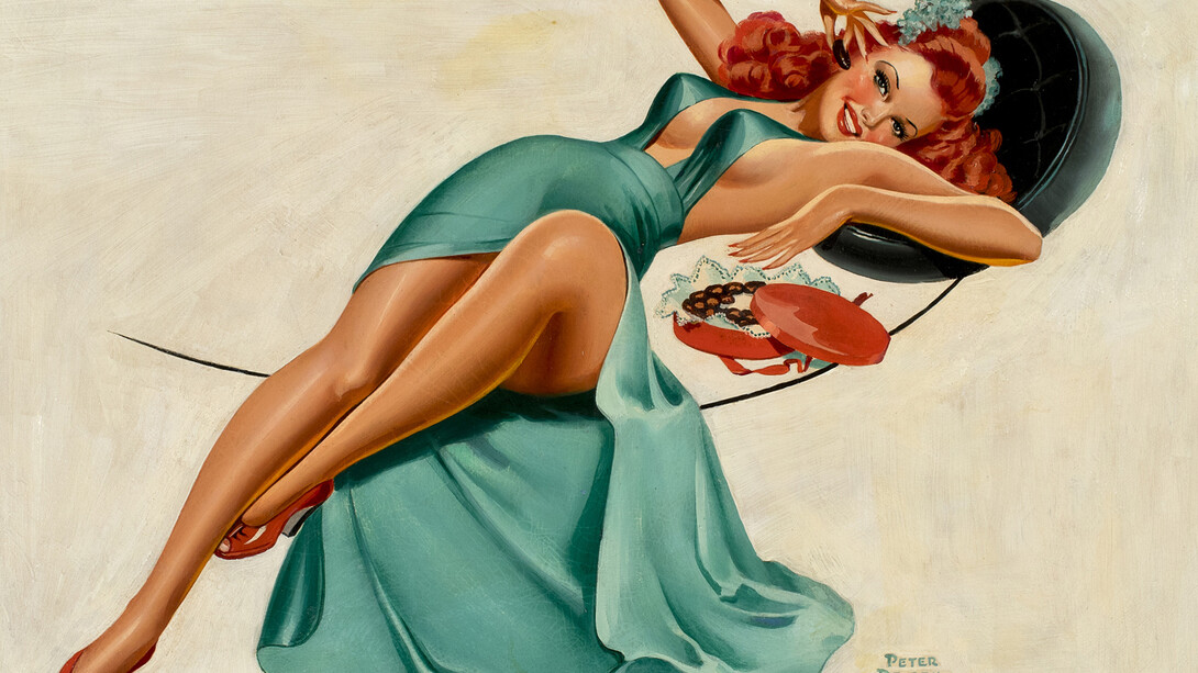 Driben Peter, Reclining Red Head in Green Dress with Chocolates, 24 x 35, Oil on Canvas