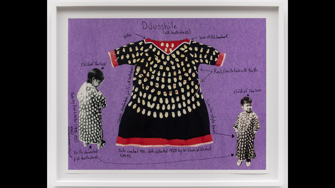 Wendy Red Star, Set A: dúusshile (elk tooth dress), 2023, archival pigment print on Satin photo rag, 20.5x26.75 inches. Courtesy of the artist and Sargent's Daughters