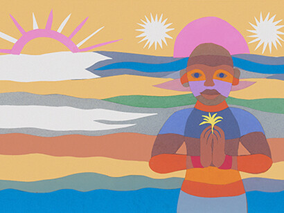Ashley Bryan, American, born 1923
The Negro Speaks of Rivers, 2014. Final illustration for Sail Away: Poems by Langston Hughes (Atheneum Books for Young Readers, 2015), Cut-paper collage on paper. Collection of the Ashley Bryan Center 
