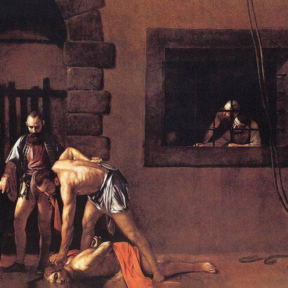 Caravaggio, Decapitazione del Battista, 1608, olio su tela, 361x520 cm, Oratorio di San Giovanni Battista, concattedrale de La Valletta, particolare