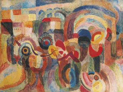 Sonia Delaunay, Markt im Minho I, 1916. Öl und Wachs auf Papier, auf Leinwand aufgebracht, 92,5 x 127,7 cm. Privatsammlung