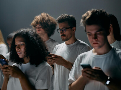Adictos a sus teléfonos celulares reunidos pero sin interactuar representan la problemática con respecto al uso de las redes sociales