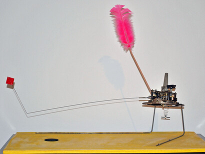 Bruno Munari, Macchina Aritmica, 1951, legno, meccanismo a molla, plastica, carta, piuma, 37x55x35 cm