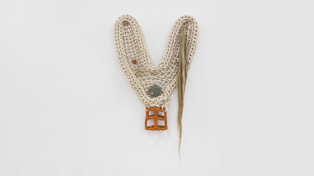 Tanya Aguiñiga, La constelación de nosotras, 2023. Stone from the Azusa River, stones from the LA River, low-fired terracotta, cotton, and flax, 25 x 17 in (63.5 x 43.2 cm). Courtesy of Shulamit Nazarian LA