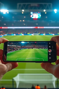 Soccer fans cheering their team, a man with a camera recording