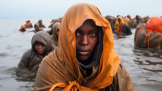 A woman navigating the migration crisis in the Mediterranean Sea, amidst challenges like human trafficking from Africa to Europe