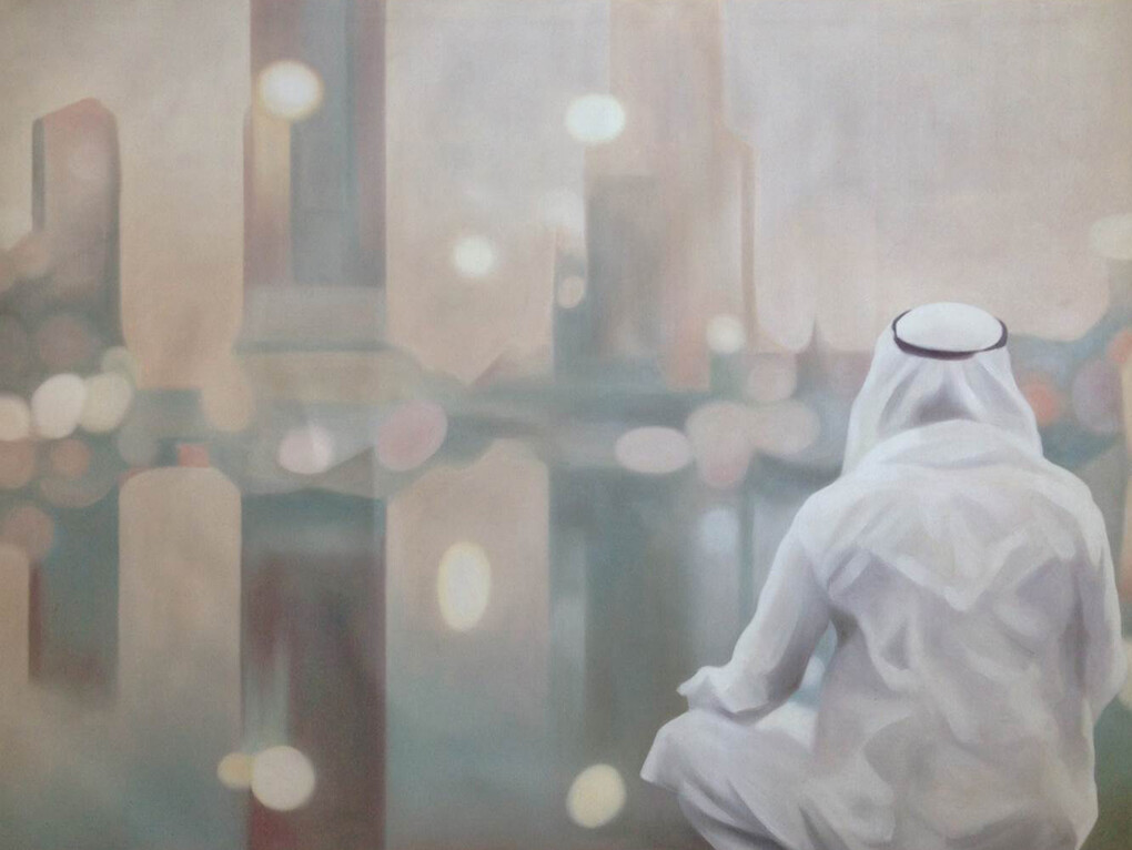 Tom Notman, Man at Al Hamra Fountain, Oil on Canvas, 33" x 47"