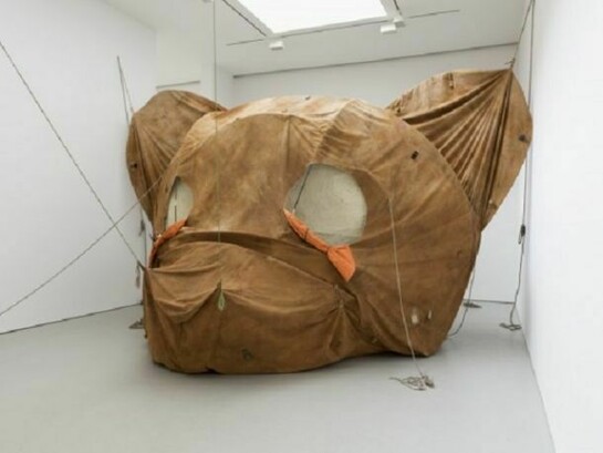 Brian Griffiths, The Body and Ground (Or Your Brittle Smile), 2010, Canvas, scenic acrylic paint, rope, webbing, fiberglass pole, metal poles, vintage travel souvenirs patches, net fabric, tarpaulin, duct tape, thread, string, sand, and fixings