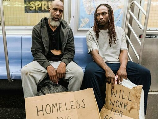 Two people sitting side by side in a subway, holding a handwritten sign that states they are homeless, representing housing insecurity in everyday public spaces