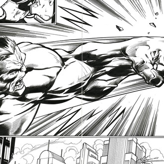 Una spettacolare doppia tavola in cui Hulk scaglia Iron Man a chilometri di distanza con uno dei suoi pugni. Il disegno è di Mark Bagley. Per gentile concessione di Anna Defrancesco comunicazione