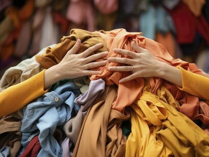A woman's hands on top of an unorganized stack of clothes, representing overproduction, unsustainable consumption habits, and waste