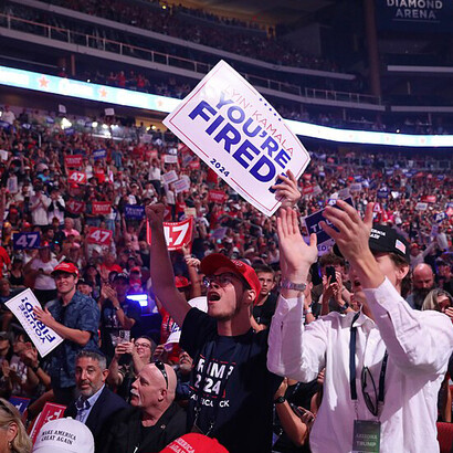 Supporters of former U.S. President Donald Trump gather at Desert Diamond Arena during a campaign rally in Glendale, Arizona, USA, in 2024