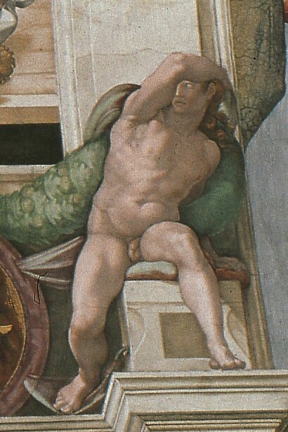 Michelangelo Buonarroti. Ignudo, particolare della volta della Cappella Sistina, 1508-1512, affresco.
© Musei Vaticani
