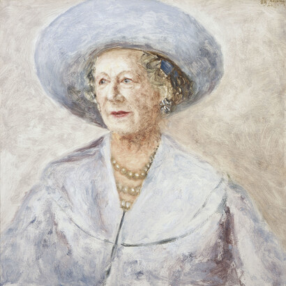 Avigdor Arikha, Elizabeth, the Queen Mother, 1900 - 2002, Queen of George VI, 1983, 49.70 x 50.30 cm (framed: 73.20 x 73.20 x 5.00 cm), Oil on canvas, Commissioned 1982, Scottish National Portrait Gallery
