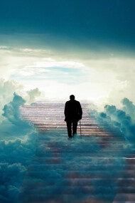 An older gentleman walks up the stairs to the sky