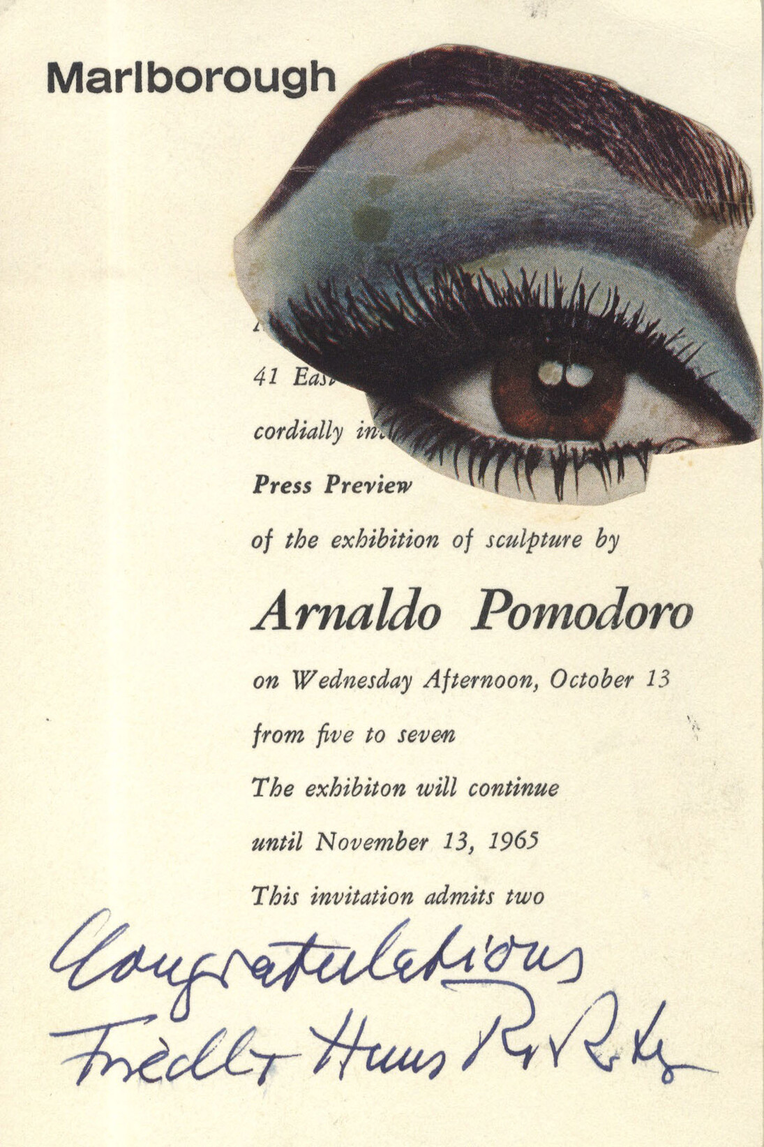 Invito alla mostra alla Marlborough-Gerson Gallery di New York con un collage originale, firmato da Hans Richter, 19 novembre 1965. Courtesy of MAC