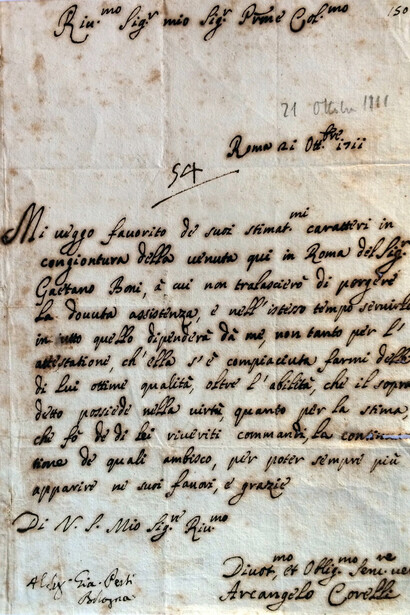 Lettera di Corelli a Giacomo Perti, 1711