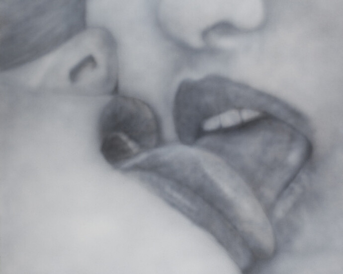 Betty Tompkins, Kiss Painting #4, 2012, Acrylic on canvas, 152.4 x 182.9 cm, copyright Betty Tompkins, courtesy the artist and Rodolphe Janssen, Brussels, private collection.