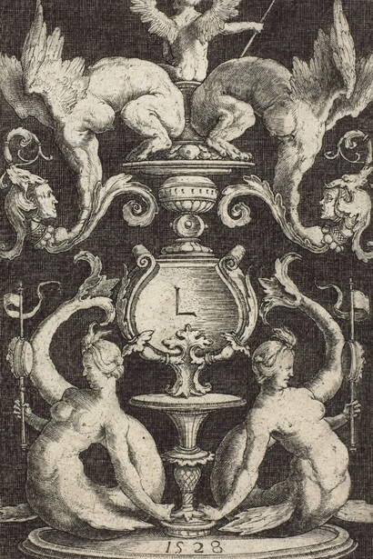 Lucas van Leyden, Panneau ornemental avec deux sirènes, 1528, gravure au burin sur papier vergé, 11,8 × 7,8 cm. Musée des beaux-arts du Canada, Ottawa. Acheté en 1914. Photo : MBAC