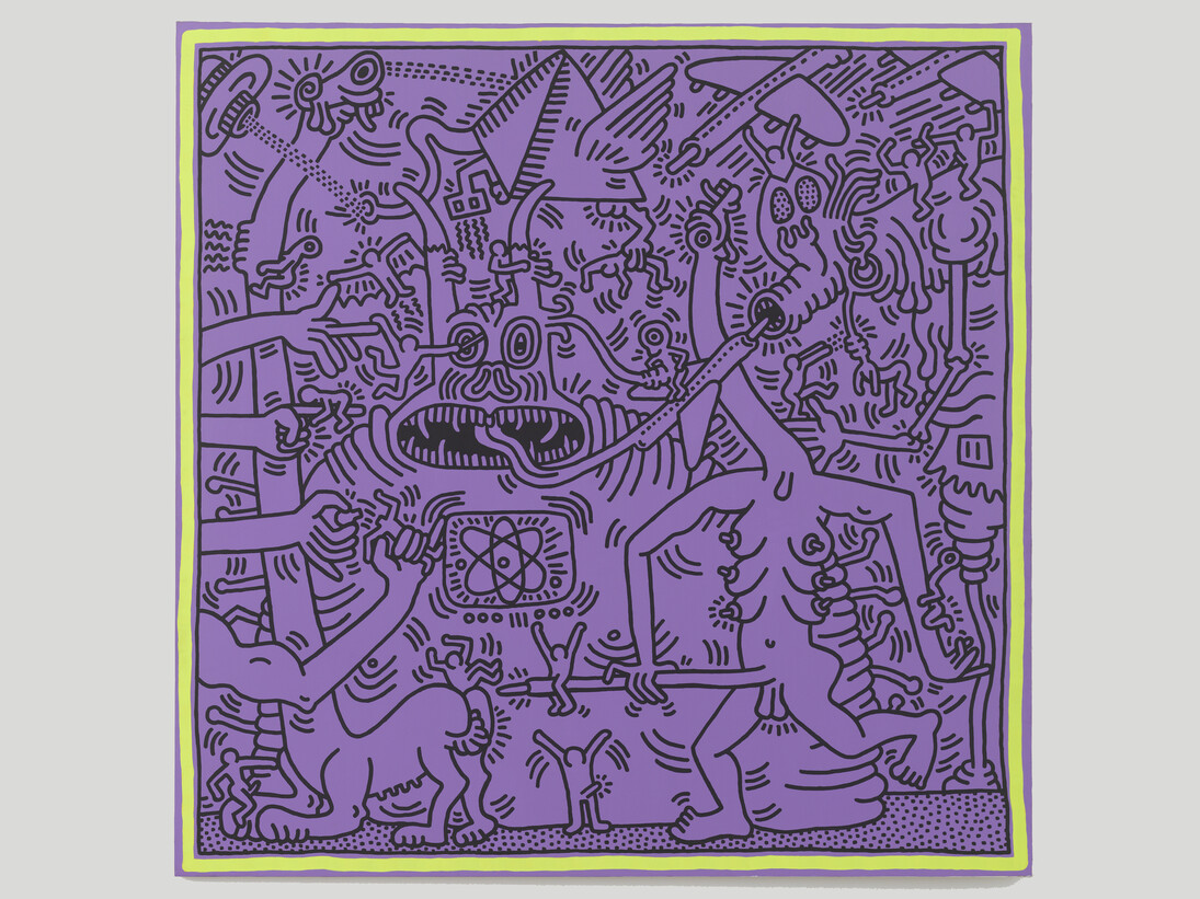 Keith Haring, Untitled (May 29, 1984), 1984, acrylic and fluorescent acrylic on canvas, 94 x 94 inches, 238.8 x 238.8 cm, signed and dated (on the reverse) 
© Keith Haring Foundation. Courtesy Skarstedt Gallery