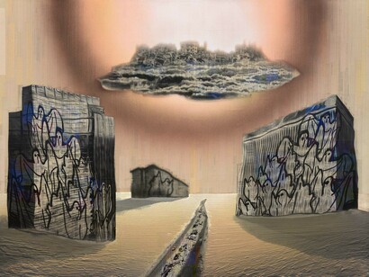 Gordon Cheung, Highway of Terror!!, 2015, Signed, titled, dated verso, Financial newspaper, acrylic, pumice and sand on canvas and sail cloth, 150 x 200 cm, courtesy Edel Assanti, copyright Gordon Cheung