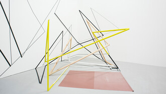 Andrea V Wright. Vertical Ascension, 2017. Steel, wood, paint, tape, latex rubber. Image courtesy of the artist.
