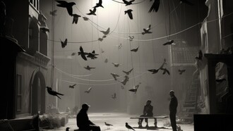 Retro World Theatre Day scene with flying birds and urban ruins