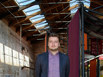 Curator Haris Piplas in the 'Sarajevo Now' Pavillon, 15th La Biennale di Venezia. Photo by Marine Drezet