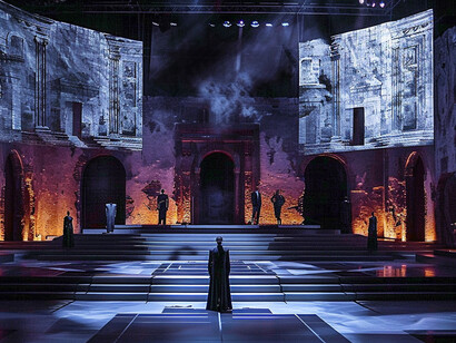 Immagine Midjourney rielaborata usando i fondali teatrali del 600 con le sue architetture effimere, nel teatro continuo di Burri a Milano e nei teatri classici di Siracusa, Pompei e nel teatro Andromeda