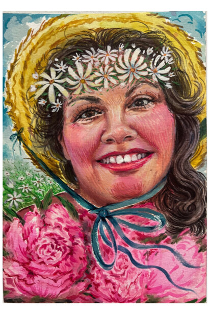 Rebecca Morgan, Portrait of My Therapist Jessica, 2023, watercolor and gouache on paper, 10x7 inches, photo by Etienne Frossard. Courtesy the artist and Asya Geisberg Gallery, NYC