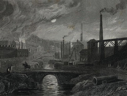 An industrial scene showing ironworks. Smoke can be seen coming out of numerous chimneys and a bridge is in the centre, by Gastineau, Henry G., 1791-1876, Lacey, Samuel, fl. 1818-1857