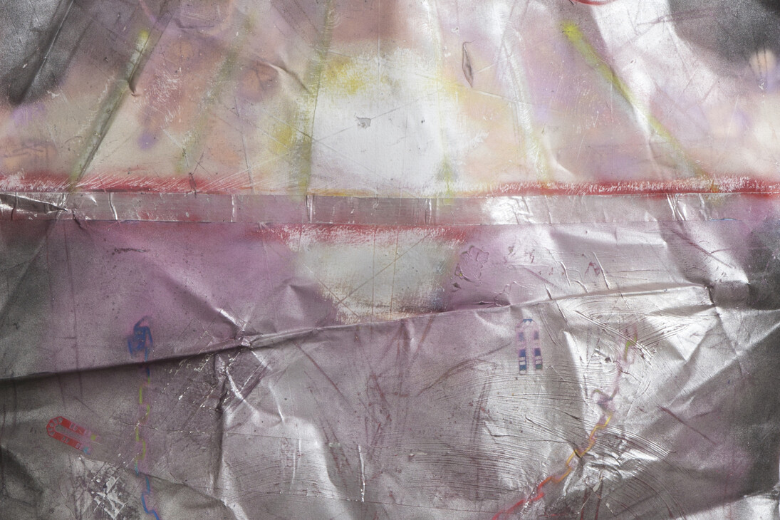 Marc Quinn, The Toxic Sublime, 2015, Spray paint, aeronautical grade aluminium
tape and acrylic on canvas, bonded to
torqued aluminium, detail, 215 x 150 x 21
cm