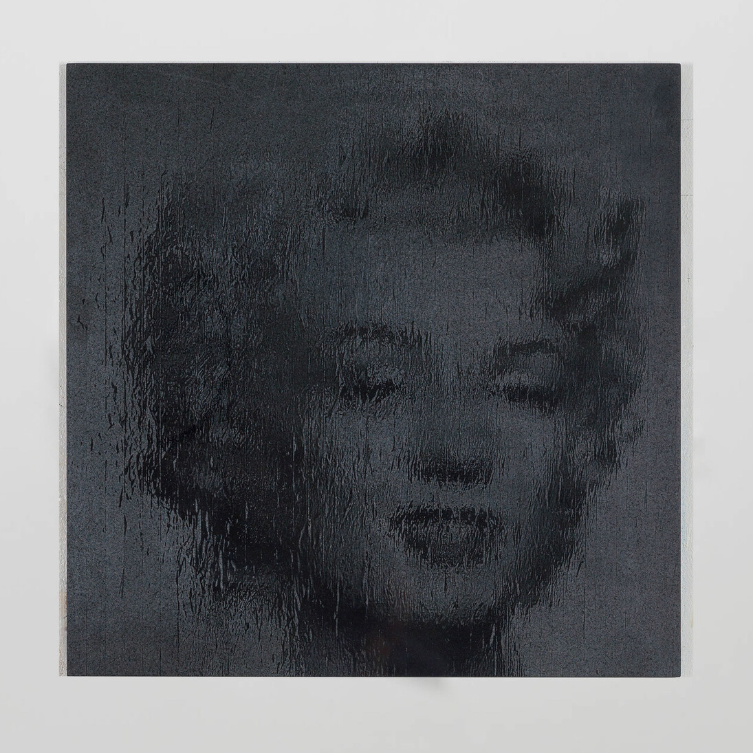 Gregor Hildebrandt, "Marilyn in Mirror (after A.W.)", 2014, Laser engraving on granite, 36 1/8 x 36 1/8 inches / 91,8 x 91,8 cm, Courtesy Galerie Perrotin  