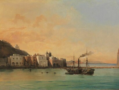 Quadro naturalista di Ischia, Italia, "View of Ischia from the sea", di Jean Charles Joseph Rémond (1842)
