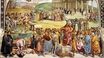 Luca Signorelli, Predica e punizione dell'anticristo, 1501, cappella di San Brizio, Duomo di Orvieto, Italia