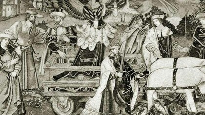 Tapiz que forma parte de una serie de seis basados en el poema alegórico del siglo XIV "Los triunfos" de Petrarca. La fama, uno de los seis triunfos. Francesco Petrarca (1304–1374) escribió sus “Triunfos” alrededor de 1352, en años complejos marcados por las pestes que asolaban Europa