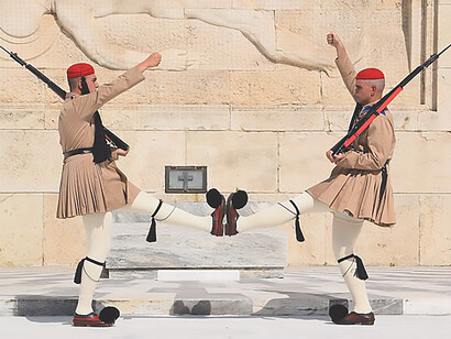 The Evzones changing the Guard at the Tomb of the Unknown Soldier, Syntagma Square, Athens, Greece   