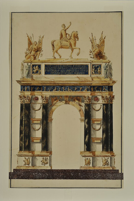 Valadier, Prospetto dell’Arco di Traiano ad Ancona (elemento per il centrotavola del Balí di Breteuil), penna, inchiostro, acquarello su carta
