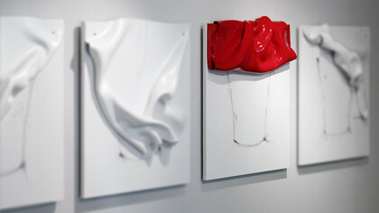 Senza titolo 2013 (part.). Termoformatura in polistirene, smalto, grafite su tela, cm 60x70x10 cad. Courtesy Gowen Contemporary, Ginevra.
