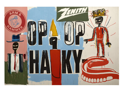 Jean-Michel Basquiat and Andy Warhol, OP OP, acrylic and oilstick on canvas, 287×417 cm, Bischofberger Collection, Männedorf-Zurich, Switzerland, © The Estate of Jean-Michel Basquiat, licensed by Artestar, New-York, © The Andy Warhol Foundation for the Visual Arts, Inc./ licensed by ADAGP, Paris 2023. Courtesy of Fondation Louis Vuitton 