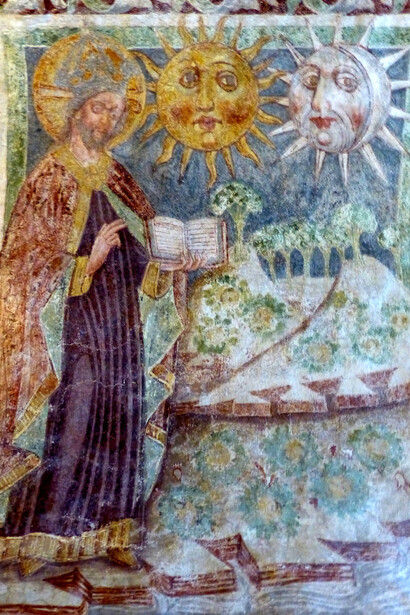 Iglesia de la Santísima Trinidad - Fresco (1475) de Juan de Kastv que muestra escenas del libro del Génesis: Dios creó el sol y la luna. Hrastovlje, Slovenia
