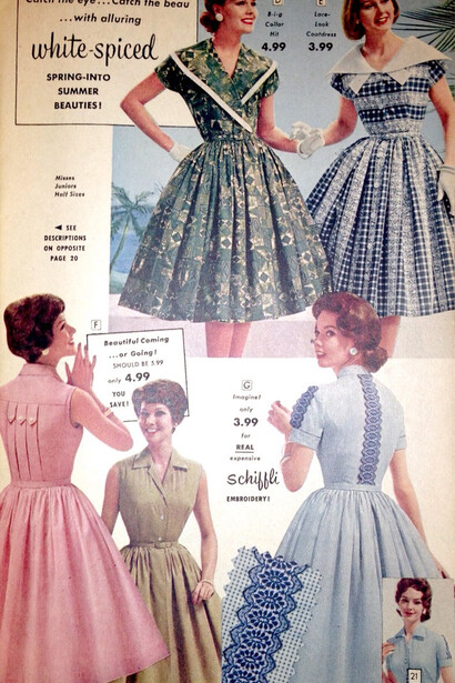 Pages from a 1950s Florida fashion catalog showcasing resort wear, pastel prints, and postwar optimism in style