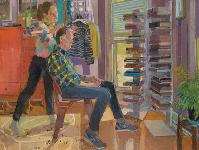 Eve Mansdorf, Haircut (detail), 2020. Oil on linen, 60” x 72”. Courtesy of Grunwald Gallery. Photo Credit: Mike Finger