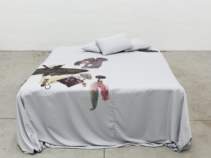 Maria Loboda, The Amateur, 2014, bed, bed sheet with sublimation print and 3 pillows, Edition: N/A, 225 x 185 x 67 cm. Courtesy of Mendes Wood DM, São Paulo