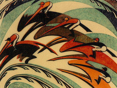 Racing by Sybil Andrews. Image Courtesy of Osborne Samuel gallery