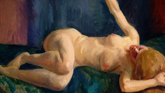 Blonde Nude with Orange, Blue Couch, c. 1917. John Sloan (1871–1951). Oil on canvas, 20 × 24 inches (50.8 × 61 cm). Delaware Art Museum, Gift of the John Sloan Trust, 2006. © Delaware Art Museum / Artists Rights Society (ARS), New York.