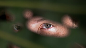 Ragazzo con occhi verdi guarda attraverso delle foglie verde scuro